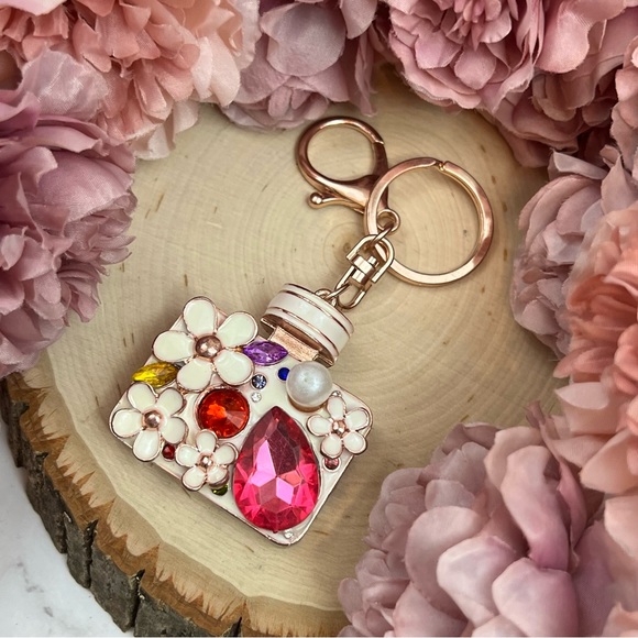 Pink Crystal Flower Perfume Bottle Keychain Charm - Picture 12 of 16